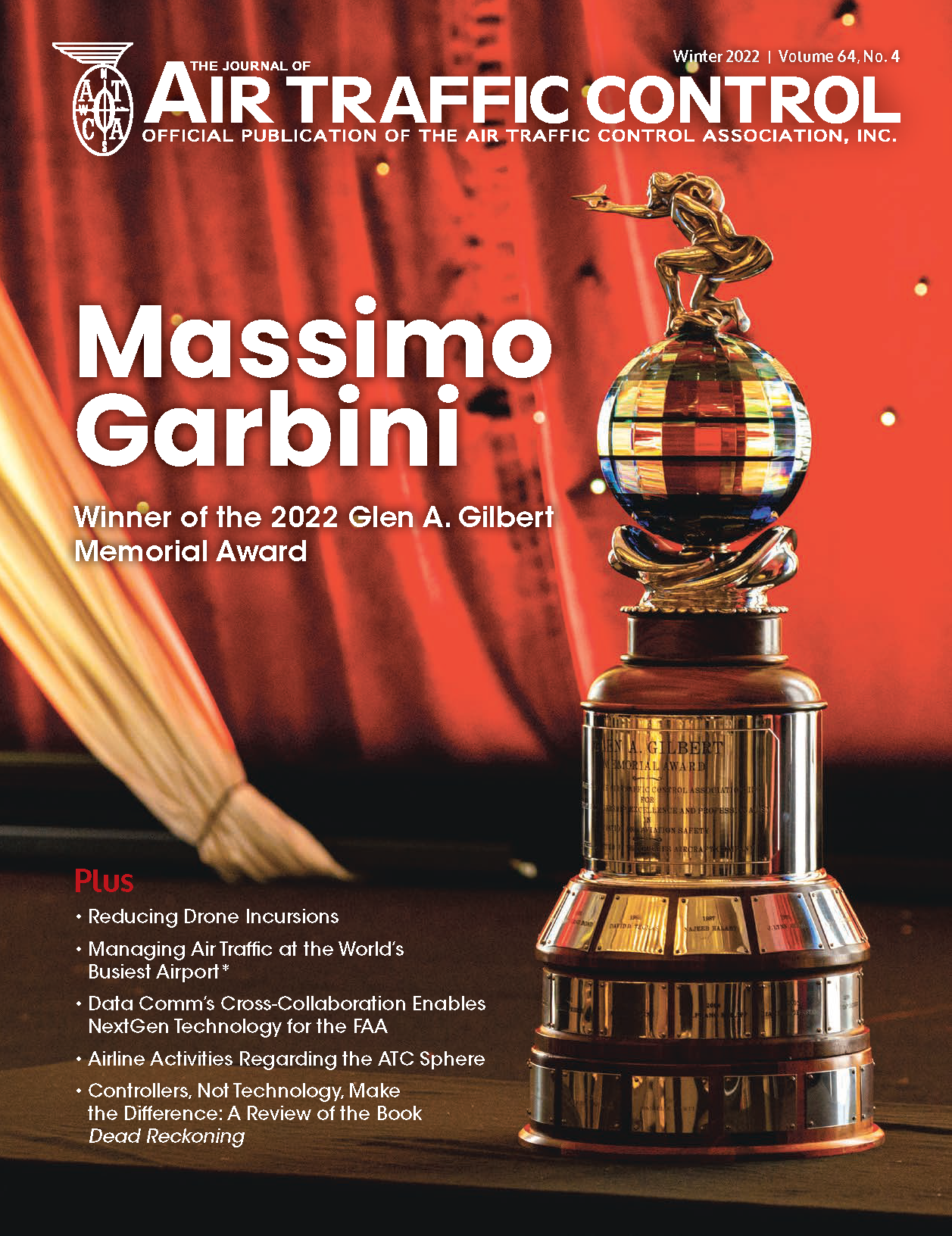 Journal of Air Traffic Control Winter 2022 issue image of trophy against red background.